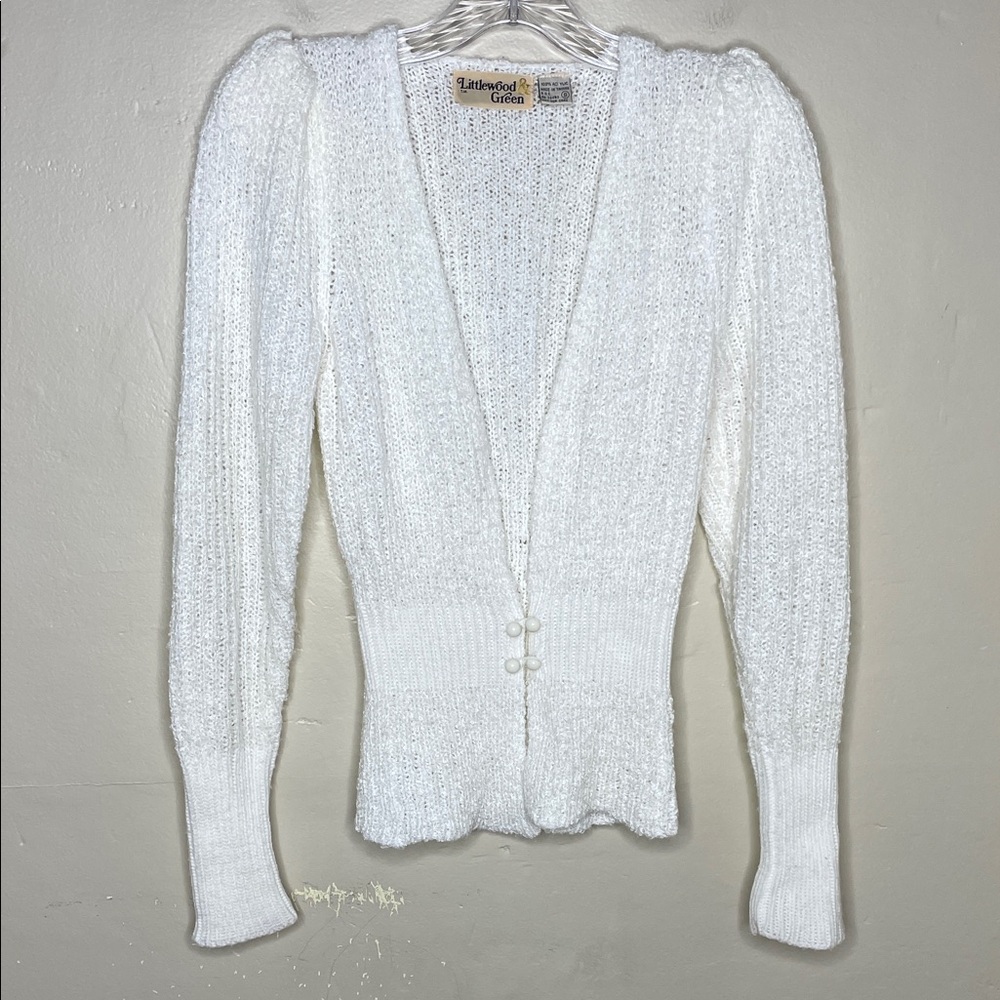 Vintage LINWOOD GREEN White Cardigan Sweater Nubby Fabric Rounded Accent Buttons